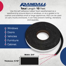 Rubber Foam Seal Adhesive Weather Strip (5/16" Thick x 3/4" Wide) 10 Feet Long