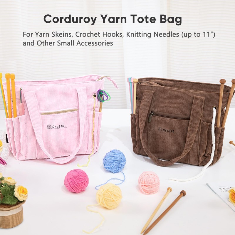 MYBAGZING Corduroy Crochet Bag 11.5" Large Yarn Storage Tote with