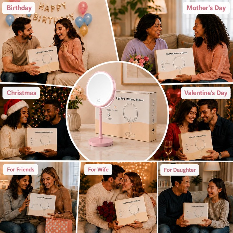 Makeup Mirror, Rechargeable Vanity Mirror with 3 Lights, 1X/10X