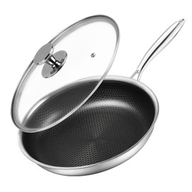 12 inch Tri-Ply Stainless Steel Frying Pan Nonstick Stainless Steel Frying Pan With Lid Large Honeycomb Coatings Cooking Pan Skillet Woks Pan Non Toxic Healthy Omelette Pan Compatible W/All Cooktops