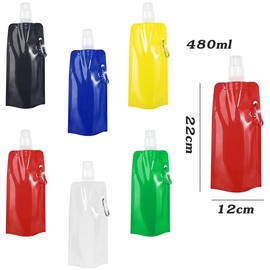 MEZHEN Foldable Water Bottle, Reusable Water Bottle, Foldable, Portable, Collapsible Water Bag with Carabiner Hook, 480 ml, Flexible, Foldable Drinking Bottles, Pack of 6
