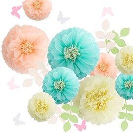 Fonder Mols Pompones de papel de seda con flores de crisantemo, mariposas y hojas de olivo para decoración de bodas, baby showers, cuartos de bebé, fiestas y eventos (en colores crema, durazno, menta)