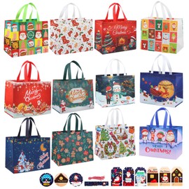 12Pcs Large Christmas Bags, Reusable Tote Bags with Handles Christmas Treat Shopping Bags, Xmas Party Favor Bags Decorations for Presents with Tags