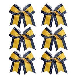Cheerleader Bows 8 Inch Comb Color Cheerleader Ponytail Holder with Rhinestones, Set of 6 (Gold/Black)