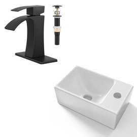 KES Floating Sink Right Hand Bathroom 12" X 7" for Tiny Bathrooms Waterfall Bathroom Faucet with Sink Drain No Overflow, BWS100R+L3209LFF12-BK-C2