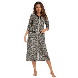 Verve Jelly Women's Zip Up Housecoat Leopard Robe Lightweight Bathrobe Short Sleeve Loungewear Nightgowns with Pockets Leopard 2 XL
