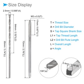 CoCud Tap and Drill Bit Set M3 x 0.5 Thread 70mm Length Tap 2.5mm Drill Diameter Metallic Extra Long Machine Thread Tap Twist Drill Kit for Threading Tabs 1 Set