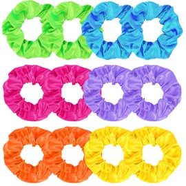 KICOSY 12 Pack Neon Scrunchies in 6 Colors - Satin Soft Hair Ties, Ideal for 80s/90s Looks, Glow Party & Daily Style