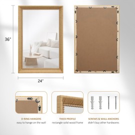 Besdomus Rustic Rattan Wall Mirror: 24x36 in Handmade Farmhouse Bamboo Mirror - Wood Frame Beaded Boho Wicker Wall Mounted Mirror for Home Decor/Farm/Living Room/Bedroom