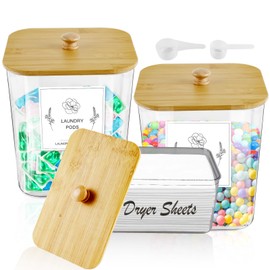 Laundry Room Organization and Storage Set of 3 with Dryer Sheet Holder and Laundry Pods, Laundry Powder Container, Plastic Jars with Lids& Scoops for Pods, Detergent, Dryer balls, Scent Boosters