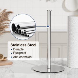 Silver Kitchen Roll Holder - Free Standing Paper Towel Holder Stand for Kitchen Rolls, Non Slip Paper Towel Roll Holder, Modern Kitchen Countertop Organizer Fits Most Size Paper Roll
