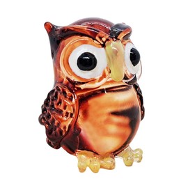 ChangThai Design Tiny 1" High Big Eye Brown Owl Glass Figurine - Miniature Hand Blown Painted Glass Owls Owlet Nocturnal Birds Colorful Crystal Animals Decorative Collectible Figurines Décor Gifts