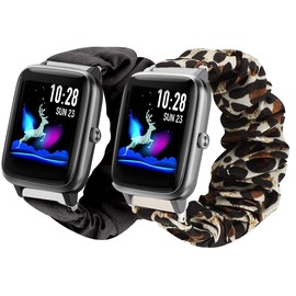Compatible with Lintelek Smart Watch Bands, Giaogor Fabric Elastic Scrunchie Elastic Watch Band Women Cute Replacement Straps Compatible with Lintelek Smart Watch (Black+Leapord)