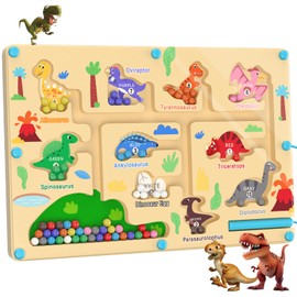 Montessori Toy, Magnetic Game Labyrinth Toy, Dinosaur Magnets Educational Toy, Wooden Toy, Numbers and Colours, Learning Toy, Motor Skills Toy from 3 4 5 6 Years, Gift for Boys Girls