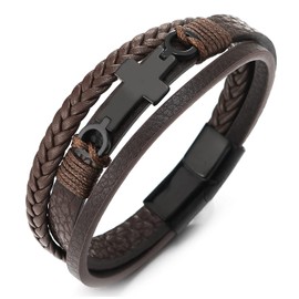 COOLSTEELANDBEYOND Black Steel Horizontal Sideway Lateral Flat Cross Three-Strand Brown Braided Leather Bangle Bracelet(CA)