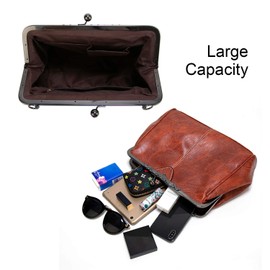 LUI SUI Women Retro Handbag, PU Leather Purse Vintage Top Handle Bag Kiss Lock Crossbody Shoulder Bag for Ladies Coffee