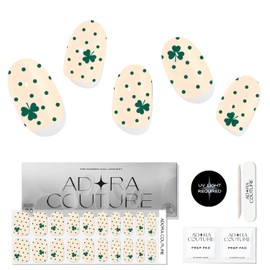 Adora Couture Semi Cured Gel Nail Strips with 20 Pieces, Salon Quality Nail Wraps for Women, Beige with Green Dots Clover UV Gel Nail Stickers| UV Light Required, Lucky Charm