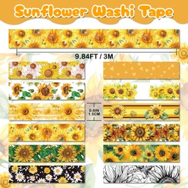 NIKOMIE Sunflower Washi Tape Set,12 Rolls Floral Decorative Tape Yellow Summer Sun Flowers Masking Tape for Journaling Supplies, Junk Journal, Scrapbooking, DIY Arts & Crafts, Planner,Gift Wrapping
