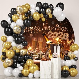 Leyiyi 7.2x7.2ft Happy New Year Round Backdrop Cover Firework Champagne Glasses Horseshoes Metal Bucket Pine Nut 2025 Eve Winter Banquet Set Photography Background Merry Christmas Photo Studio Props