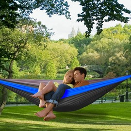 Double Camping Hammock, Two Person Hammocks with 2 Tree Straps(16+2 Loops), Portable Lightweight Hammock with 210T Nylon Parachute for Backpacking, Outdoor, Beach, Travel, Hiking, Gear - Black Blue