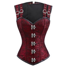 Charmian Women's Gothic Steampunk Brocade Steel Boned Vintage Waist Cincher Overbust Corset Vest Red XX-Large