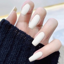 Ceboic 24Pcs False Nails Medium, Square Shiny Press On Nails with Glue Stickers, French Pure Color Ballerina Fake Nail, Natural Reusable Full Cover Stick on Nails for Women and Girls (White)