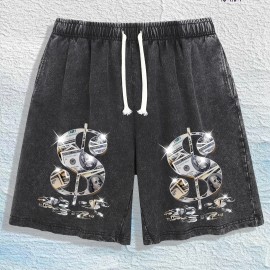 US Local Warehouse: 100% Cotton Washed Shorts, Dollar Sign Graphic Print, 4 ColorsColor: Brown, Size: L