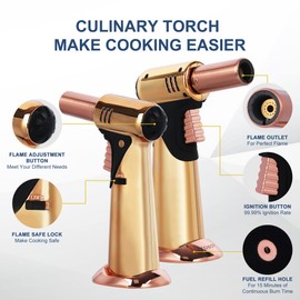 Butane Torch, Premium Double Flame Big Kitchen Torch Lighters with Safety Lock Adjustable Refillable Multipurpose Culinary Blow Torch for Creme Brulee, Baking, BBQ (Butane Gas Not Included)