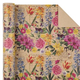 WRAPAHOLIC Kraft Floral Wrapping Paper Roll - Mini Roll - 17 Inch x 9.8 Feet - All Occasion Vintage Flower Wrapping Paper for Wedding Bridal Shower Birthday