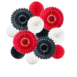12pcs 6’’ 8’’ Honeycomb Balls Tissue Paper Fans Party Honeycomb Ball Fans Wall Tissue Pom Poms Flower Ball Hanging Paper Fans for Party Baby Shower Birthday Wedding Nursery Decor(red Black White kit)