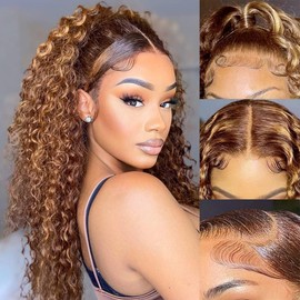 Rebasar Deep Wave Lace Front Wig Human Hair 24 Inches 13 x 4 Lace Frontal Wigs Human Hair Wig Curly for Women 150% Density Blonde Ombre 4/27 Highlight Colour