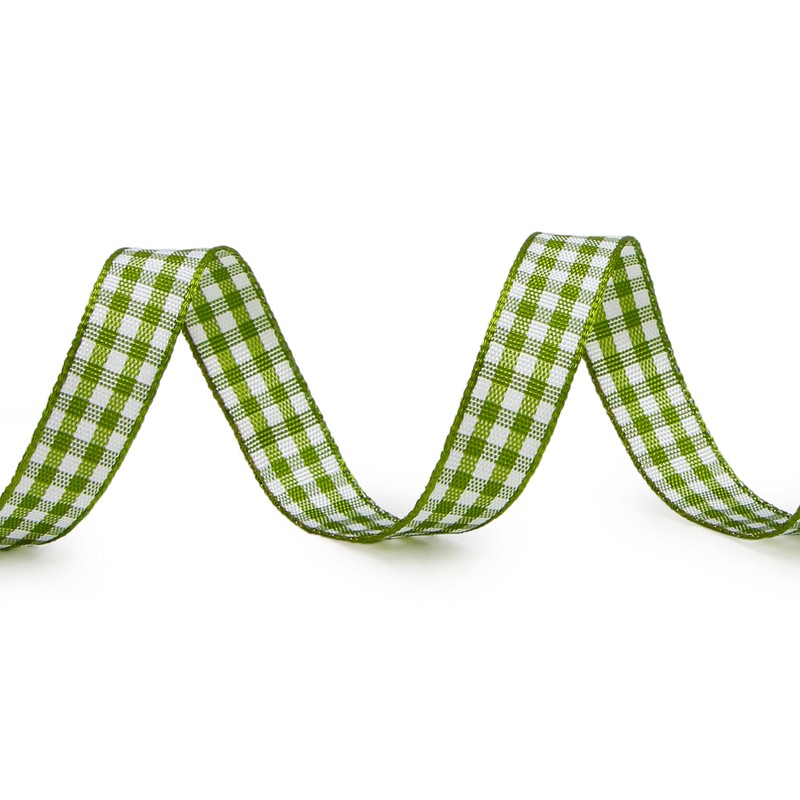 Ribbli Moss Green and White Gingham Ribbon,100% Polyester Woven Edge,3/8