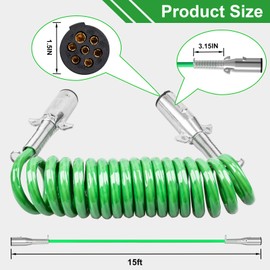 AJulyBee 7 Way Trailer Wire 15FT Electrical Power Coiled Cord- ABS Trailer Breakaway Cable for Semi Trucks Tractors(Green)