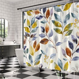 Boho Leaf Shower Curtain Spring Summer Modern Colorful Botanical Branch Leaves Abstract Natural Plant Century Neutral Farmhouse Fabric Bathroom Decor Curtains with Hooks,70 x 70