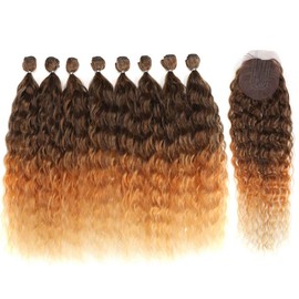 DÉBUT Synthetic Hair 8 Bundles with Simple Closure Water Wave High Temperature Fiber Hair Weave 9pcs/lot 20 Inch 240g (Ombre Brown Blonde Color)