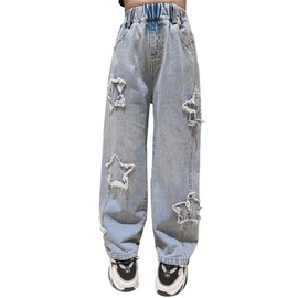 SANGTREE Girls Wide Leg Jeans Elastic Waist Denim Pants Baggy Jeans for Girls, 6-7 Years = Tag 130