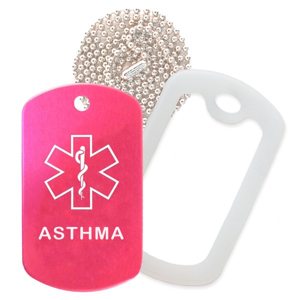 Asthma Medical Alert ID Necklace with Pink Hot Tag, Clear Silencer, and 30'' USA Chain - 154 Color Choices