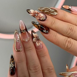 Uñas Postizas con Punta Francesa, Uñas Press on para Manos, Cortas y Puntiagudas en Forma de Almendra con Acabado UV, Kit de Uñas Semitransparentes de