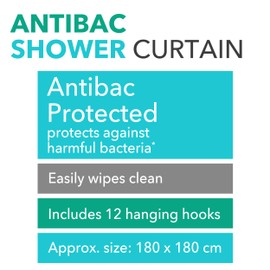 Beldray LA028268LGRYUFFEU7 Antibac Shower Curtain - Quick & Easy to Use, 12 Hanging Hooks, Easily Wipes Clean & Protects Against Bacteria*, Treated with Zinc Pyrithione, Approx. 180 cm x 180 cm