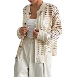 QWINEE Women's Crochet Cardigan Sweater Lightweight Cardigan Hollow Out Sweater Long Sleeve Button Down Knit Top Apricot