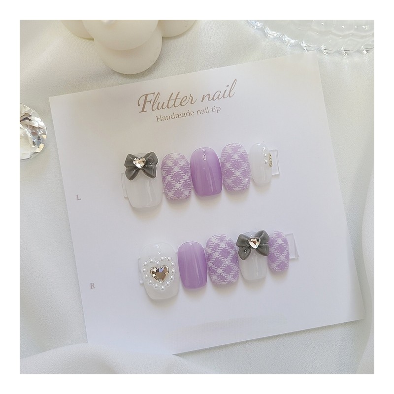 Purple check ribbon handmade nail tip - Short Oval Mini