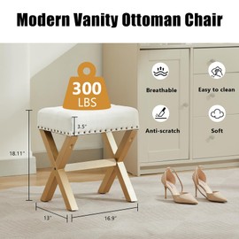 Lasigeli Square Makeup Stool with Rivets Wood X-Legs,Modern Vanity Ottoman Chair,Padded Faux Leather Seat for Dressing Room,Bathroom (White+Gold Fabric)