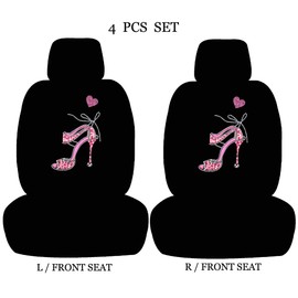 ALLBrand Universal Fit Car SUV Truck Crystal Bling Rhinestone Studded Black Low Back Front Bucket Seat Cover with Headrest Covers - 4 Pcs Set (Pink Heel-Black), (KAE-LOW BACK-BLACK)
