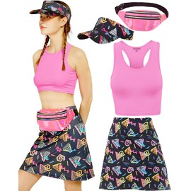 kasahara 80s 90s Costume Women's Retro Tracksuit Workout Sports Outfit Skirt, Crop Top, Belt Bag, Sun Visor Hat Carnival Fancy Dress Costume (Rose Red, M)