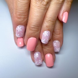 Pink Press on Nails Short Square Fake Nails Pink Full Cover Artificial False Nails with Floral Designs Acrylic Nails Reusable Glue on Nails Removable Stick on Nails for Women 24 Pcs