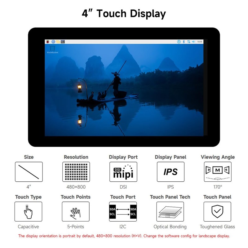 Waveshare 4inch Capacitive Touch Display Compatible with Raspberry Pi5/4B/3B+/3A+/CM3+/4,480×80 Resolution