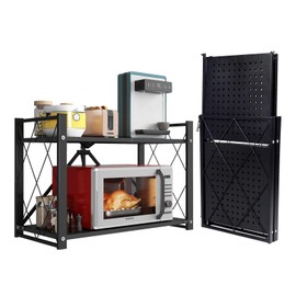 TERHKB Foldable microwave oven rack, Portable bakers rack,2-layer microwave oven storage rack,microwave stand for Kitchen Countertop Organizer (Without wheels)