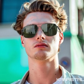 KANASTAL Dark Green Sunglasses Mens Square Sunglasses Womens Polarised Sunglasses Oversized UV400 Protection Large Metal Frame - Black Frame Green Lens