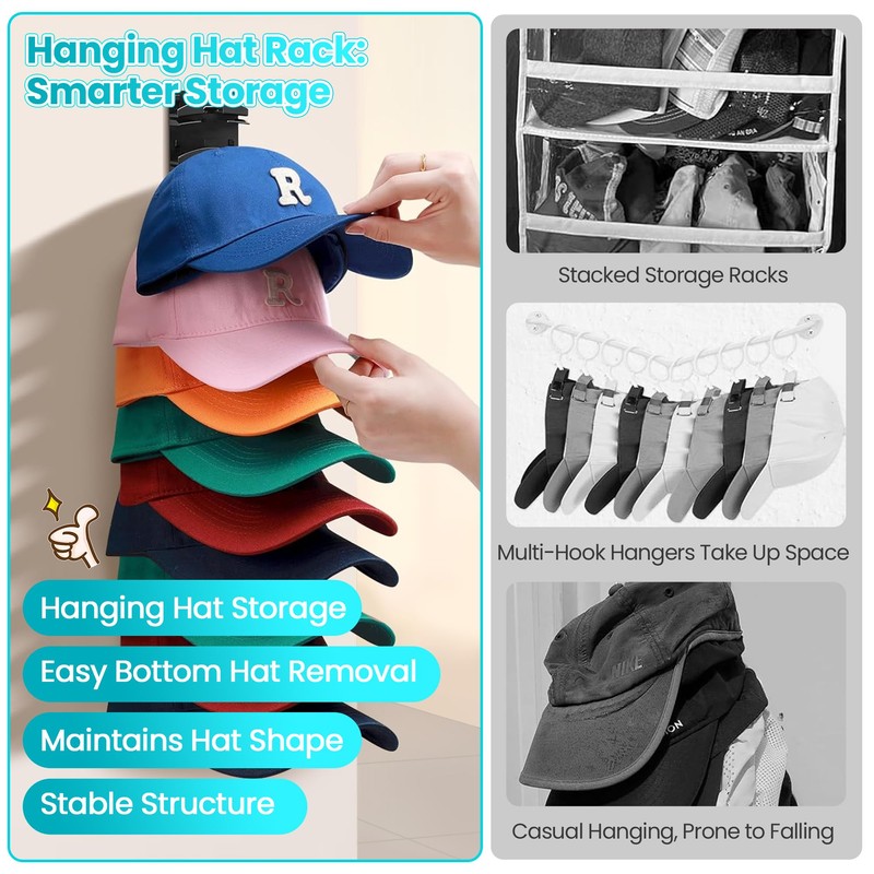 Vrurc Hat Organizer for Baseball Caps 2 Pack, Wall-Mounted Strong