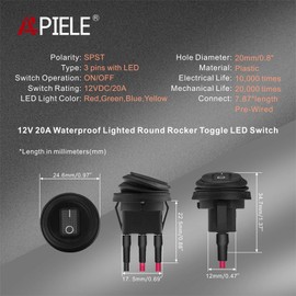 APIELE 4 pieces waterproof round toggle switch, 2 position on/off with 4 colours LED switch SPST 3 pins rocker switch, 12 V 20 A button rocker switch for car, boat, household appliances (with wire)